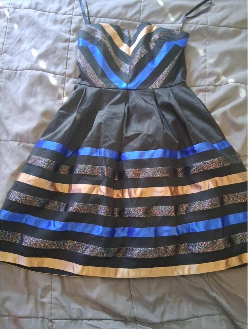Shoshanna Fit and Flare Strapless Dress Womens 4 Black Gold Blue Chevron A2